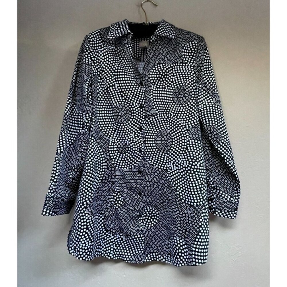 Chico's Women's Size 0 Button Down Tunic Top Black White Polka Dots 3/4 Sleeve
